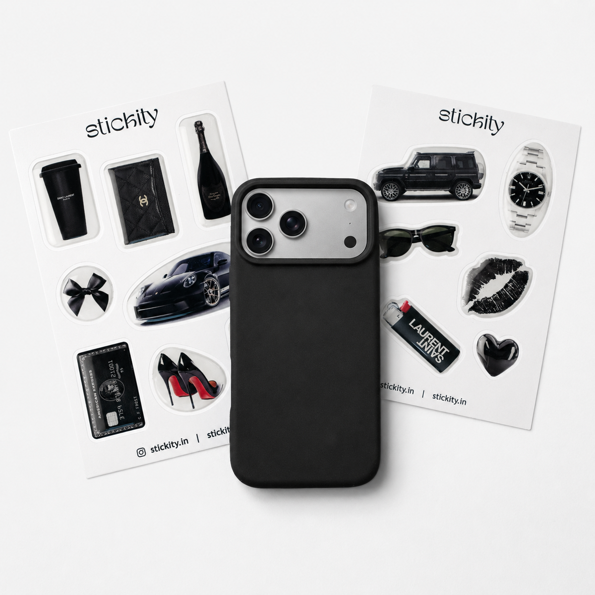 Black Luxury iPhone case and two sticker pack bundle