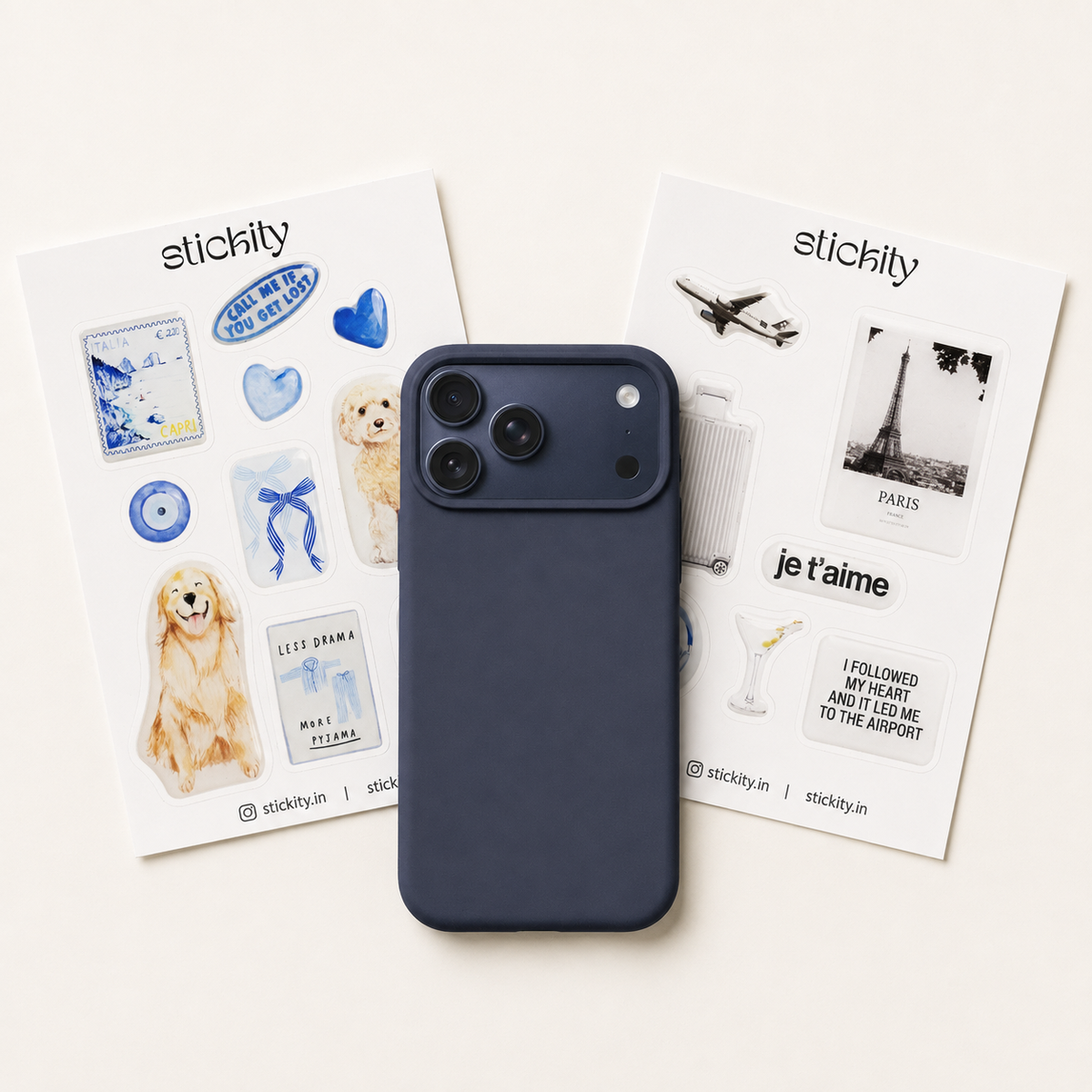 Blue Getaway iPhone case and two sticker pack bundle
